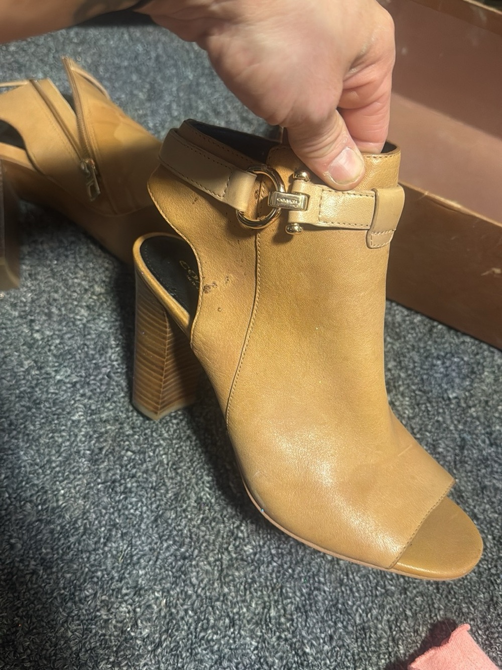 Coach Tan Open-Toe Leather Block Heel Ankle Booties